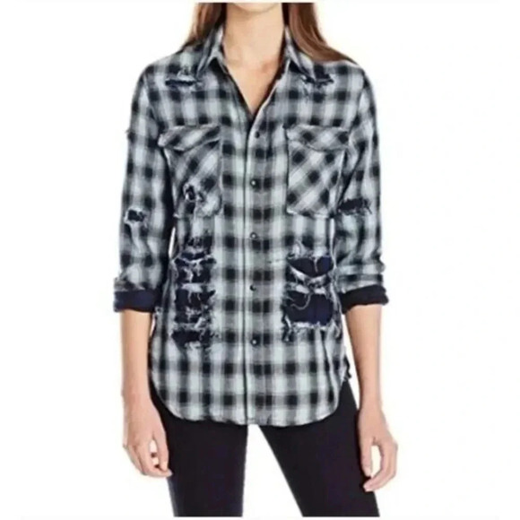 Hudson Jeans Kari Navy Blue & Black Distressed Long Sleeve Button Down M - Picture 1 of 6